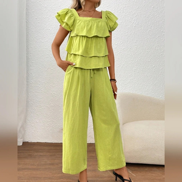 Solid Square Neck Top And Straight Pants Summer Casual Set - Picture 4 of 6